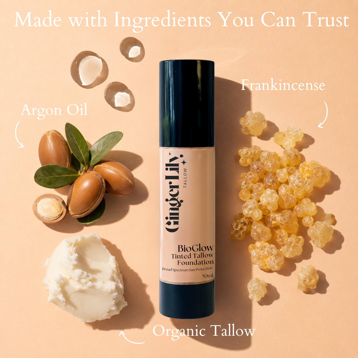 BioGlow Tinted Tallow Foundation - Moisturizer with Mineral Sun Protection - Ginger Lily Tallow