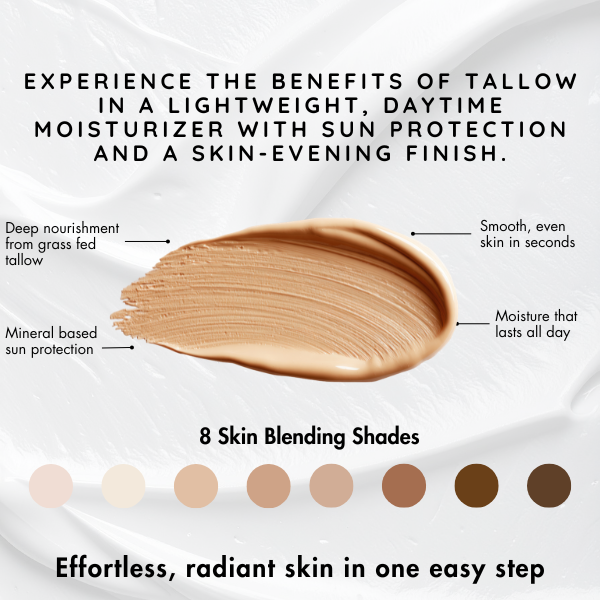 Daytime moisturizer with sun protection and skin-evening finish, featuring a swatch and color options.